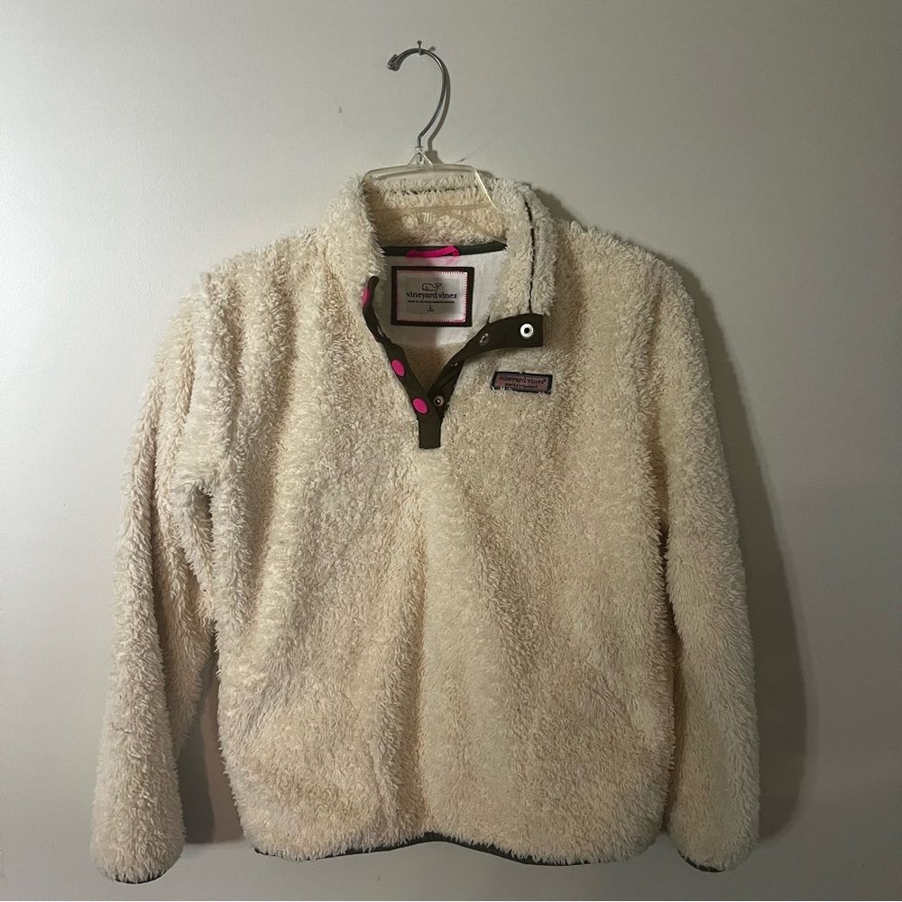 Vineyard Vines Kids Cream Sherpa Pullover with Pink Snaps